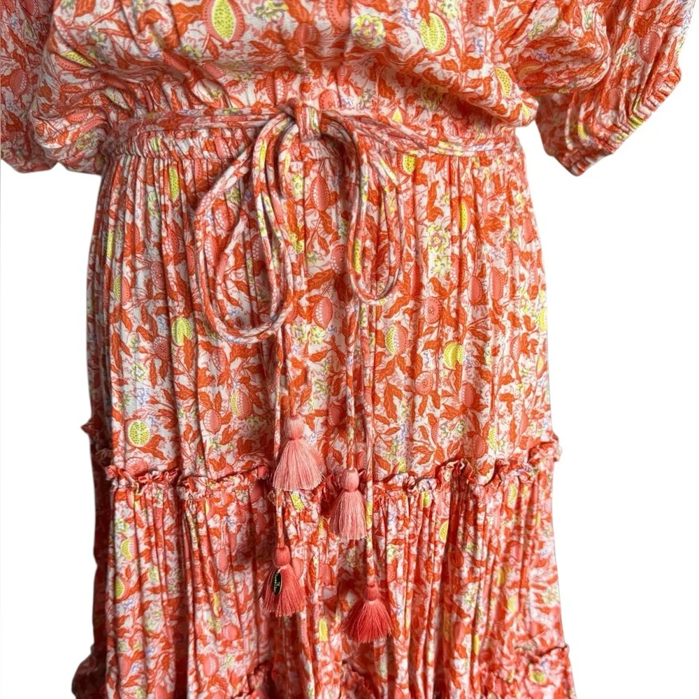 Poupette St. Barth Bonne V-Neck Dress in Orange & Yellow Fruit Print Size Medium